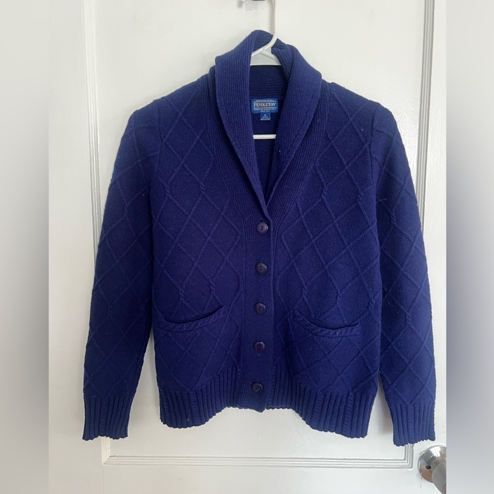 Pendleton Lambs Wool Blend Cardigan Sweater Royal Blue Cross Knit Women’s